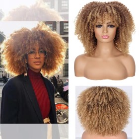 Two Tone Light Brown  Curly Synthetic Afro Wig RW024