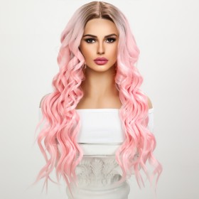 Pink With Brown Roots Wavy Lace Front Synthetic Wigs LF764