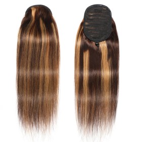 Brown Mixed Golden Straight Human Hair Drawstring Rope Ponytail PW1042