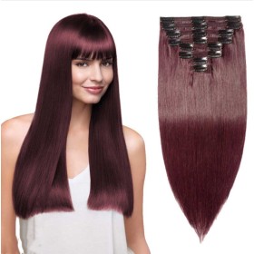Wine Red Human Hair Clip In Hair Extensions PW1089