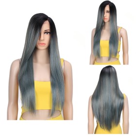 Blue Grey Mixed Brown With Dark Roots Straight Lace Front Synthetic Wig LF225