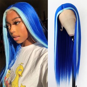 Blue Mixed Light Blue Straight Lace Front Synthetic Wig LF078