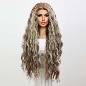 Camel Mixed Blonde Water Wavy Lace Front Synthetic Wigs LF759
