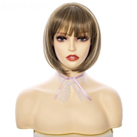 Brown Mixed White Bangs Short Straight Bob Synthetic Wigs RW1205