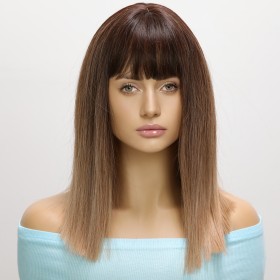 Dark Brown Ombre Flat Bangs Straight Synthetic Wigs RW790