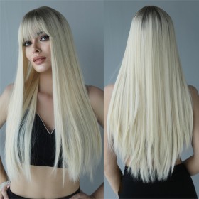 Platinum Blonde With Dark Roots Long Straight Synthetic Wig RW122