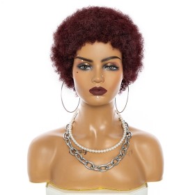 Dark Burgundy Short Afro Small Roll Human Hair Fans Wigs NH1232
