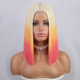 Blonde Yellow Pink Ombre Short Straight Bob Synthetic Wigs LF1195