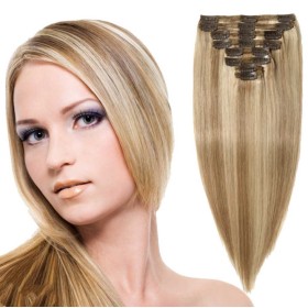 Light Brown Mixed Golden Human Hair Clip In Hair Extensions PW1090