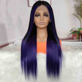 22" Black Purple Ombre Straight Lace Frontal Remy Natural Hair Wig NH294