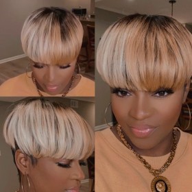 Two Tone Blonde With Dark Roots Short  Straight Synthetic Pixie Wigs RW1111