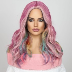 Two Tone Pink Mixed Iridescence Color Wavy Lace Front Synthetic Wigs LF763