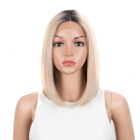 Blonde Pink Ombre With Dark Roots Short Straight Synthetic Bob Wig LF184