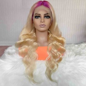 22" Blonde With Purple Roots Body Wave T Part Lace Front Remy Natural Hair Wig NH304