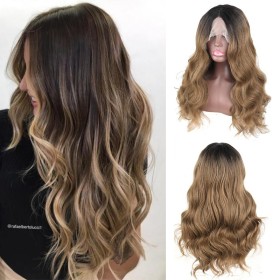 Light Brown With Dark Roots Wavy Lace Front Synthetic Wig LF097