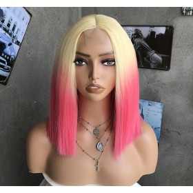 Blonde Pink Ombre Short Straight Bob Lace Front Synthetic Wigs LF1203