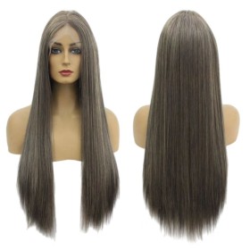  Long Straight Two Tone Grey Gold Lace Front Synthetic Wig LF431