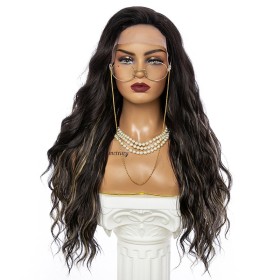 Black Mixed Gold Long Wavy Lace Front Synthetic Wigs LF1283