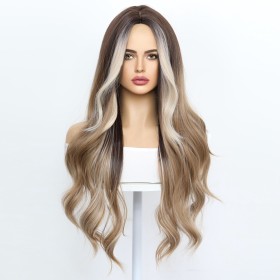 Brown Mixed Blonde Bangs Long Wavy Synthetic Wigs RW783