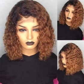 Light Brown with Dark Roots Medium Curly Synthetic Afro Wig RW026