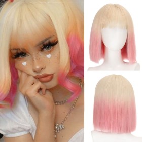 Blonde Cherry Pink Ombre Bangs Short Straight Bob Synthetic Wigs RW798