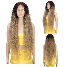 Ash Blonde With Dark Roots Super Long Curly Lace Front Synthetic Wigs LF193