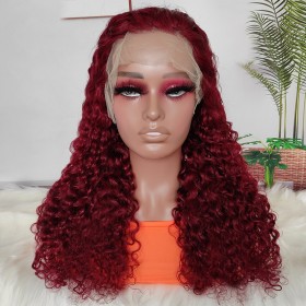 20" Wine Red Curly Lace Front Remy Natural Hair Wig NH362