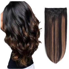 Black Mixed Golden With Dark Roots Human Hair Clip In Hair Extensions 4-piece Set PW1094