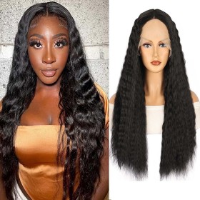 Mid-Length Black Deep Wave Lace Front Synthetic Wig LF086