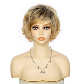 Golden With Black Roots Natural Short Wave Synthetic Wigs RW1261