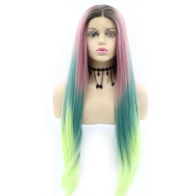 Pink Green Light Green Ombre With Dark Roots Straight Lace Front Synthetic Wigs LF722