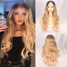 Blonde Orange with Dark Roots Wavy Lace Front Synthetic Wig LF090