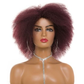 Wine Red Side Parting Afro Curly Synthetic Wigs RW1191