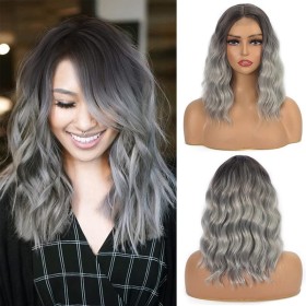 Silver Grey With Dark Roots Water Wave Synthetic Wig RW080