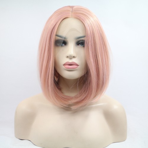 Two Tone Pink Straight Bob Lace Front Synthetic Wigs LF649