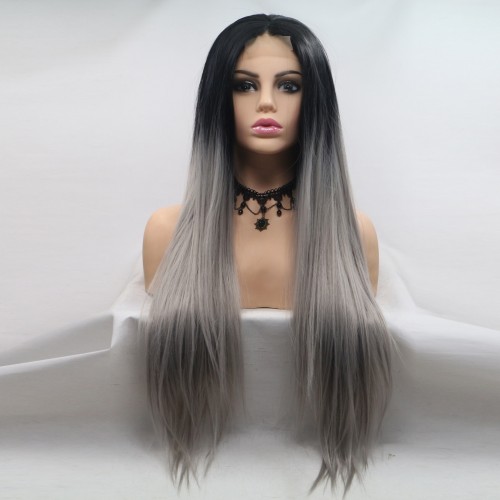 Black Gray Ombre Long Straight Synthetic Wigs RW740