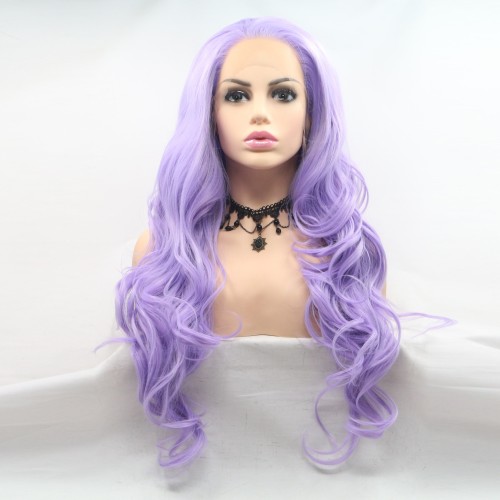 Bright Light Purple Long Wavy Lace Front Synthetic Wigs LF679