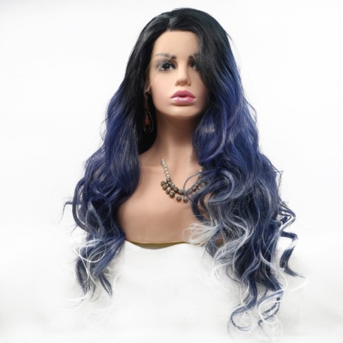 Black Blue White Ombre Wavy Lace Front Synthetic Wigs LF708