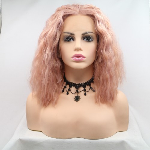 Pale Pink Loose Curly Bob Lace Front Synthetic Wigs LF638