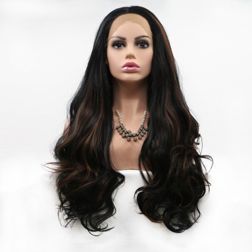 Black Mixed Brown Body Wavy Lace Front Synthetic Wigs LF673