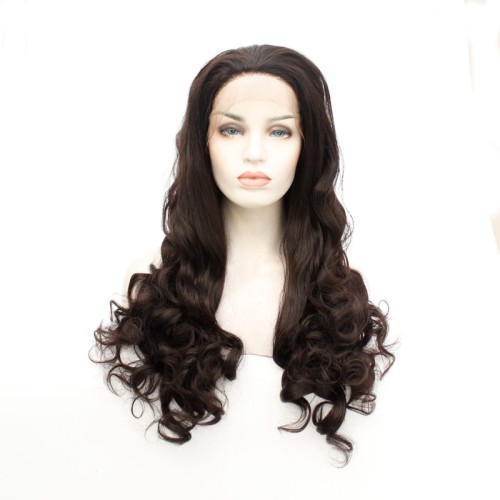 Fashion Dark Brown Long Wavy Lace Front Synthetic Wigs LF526
