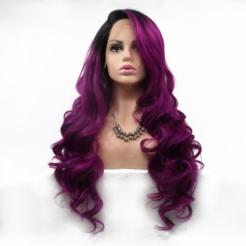 Aubergine With Black Roots Body Wavy Lace Front Synthetic Wigs LF705
