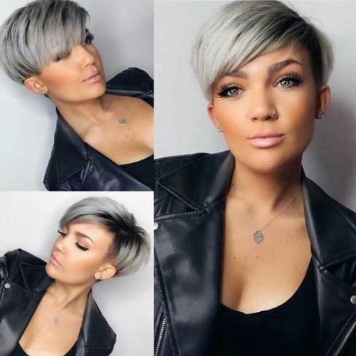 Silvery White With Dark Roots Short Straight Synthetic Pixie Wigs RW1115