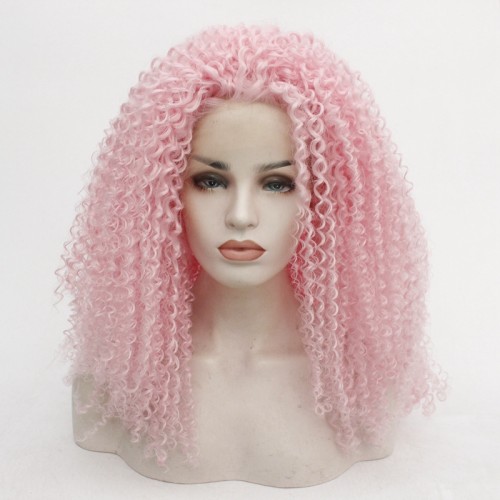 Light Pink Kinky Curly Lace Front Synthetic Wigs LF568