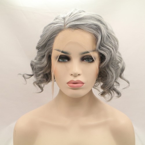 Two Tone Grey Wavy Bob Lace Front Synthetic Wigs LF656