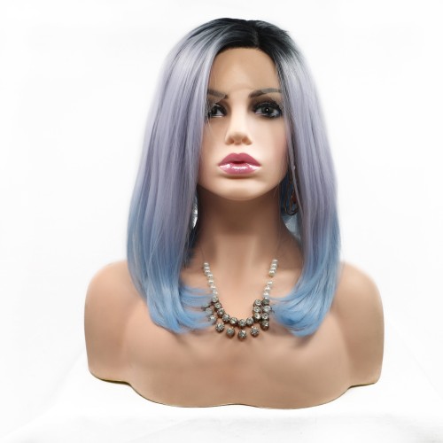 Light Purple Blue With Dark Roots Straight Bob Lace Front Synthetic Wigs LF626