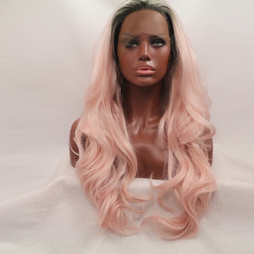 Rose Beige With Dark Roots Wavy Lace Front Synthetic Wigs LF711