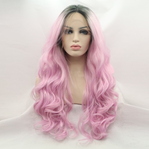 Light Pink With Dark Roots Wavy Lace Front Synthetic Wigs LF710