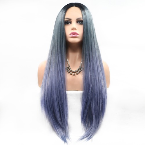 Cool Grey Blue Ombre Long Straight Lace Front Synthetic Wigs LF741
