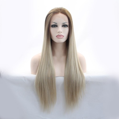 Brown Blonde Ombre Long Straight Lace Front Synthetic Wigs LF721
